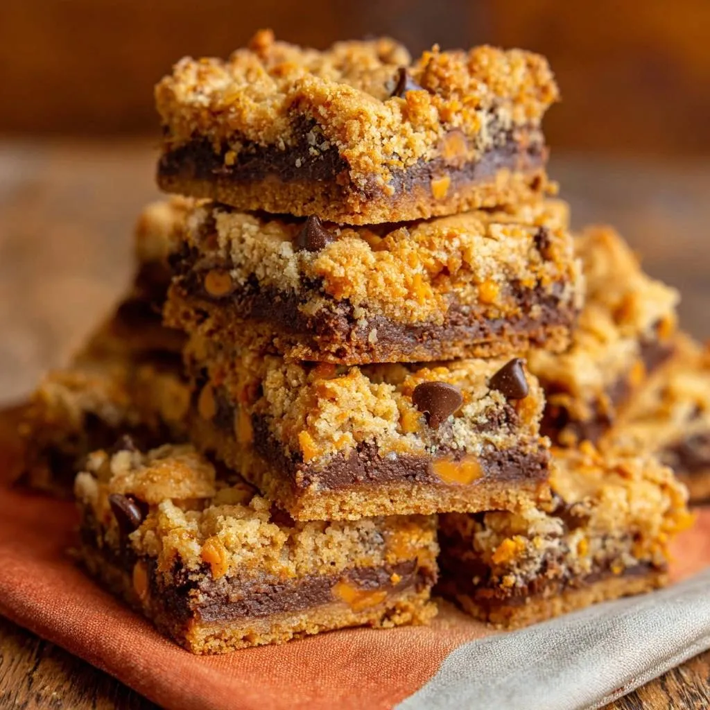 Ultimate Butterfinger Chocolate Crumble Bars stacked in a close-up view with visible chocolate chips and Butterfinger pieces.