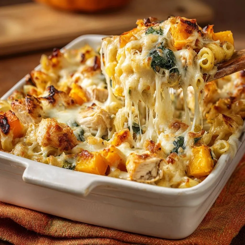 Butternut squash chicken spinach mac and cheese with a gooey cheese pull from a wooden spoon.