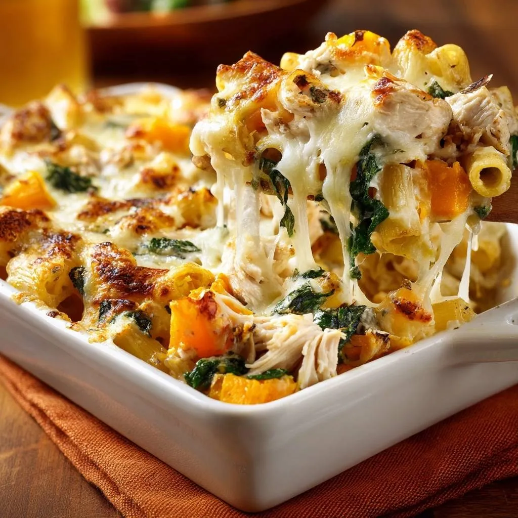 Butternut squash chicken spinach mac and cheese with a cheesy pull, showing the baked pasta and ingredients.