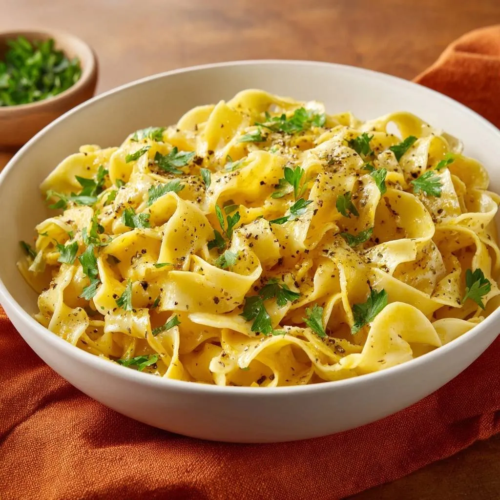 Buttery parsley pepper egg noodles recipe shown in a white bowl, garnished with fresh parsley and black pepper.