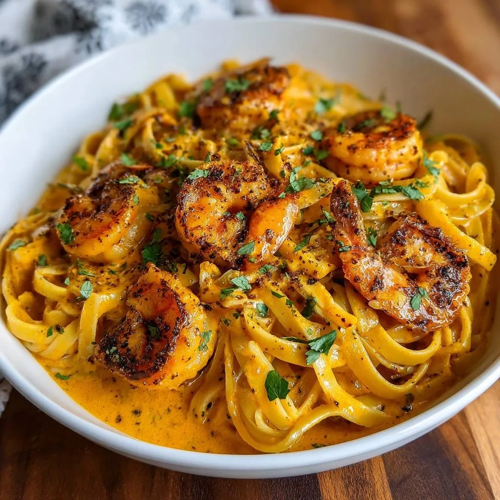 Cajun blackened shrimp pasta served in a white bowl, showcasing the creamy sauce and seasoned shrimp.