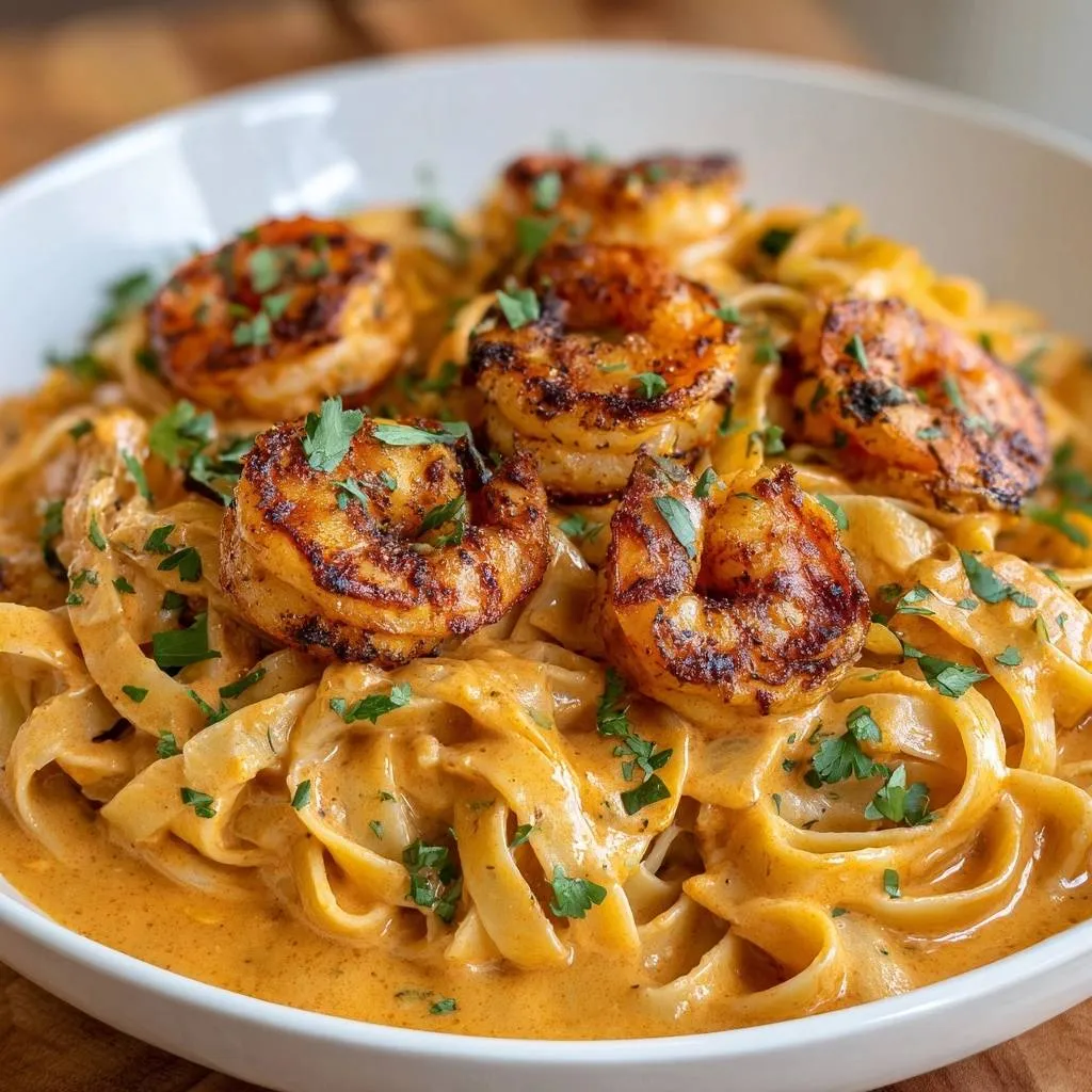 Cajun blackened shrimp pasta featuring fettuccine noodles coated in a rich, creamy orange sauce and garnished with parsley.