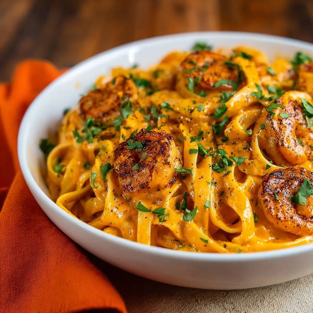 Cajun shrimp fettuccine with a close-up view of the creamy orange sauce and seasoned shrimp.