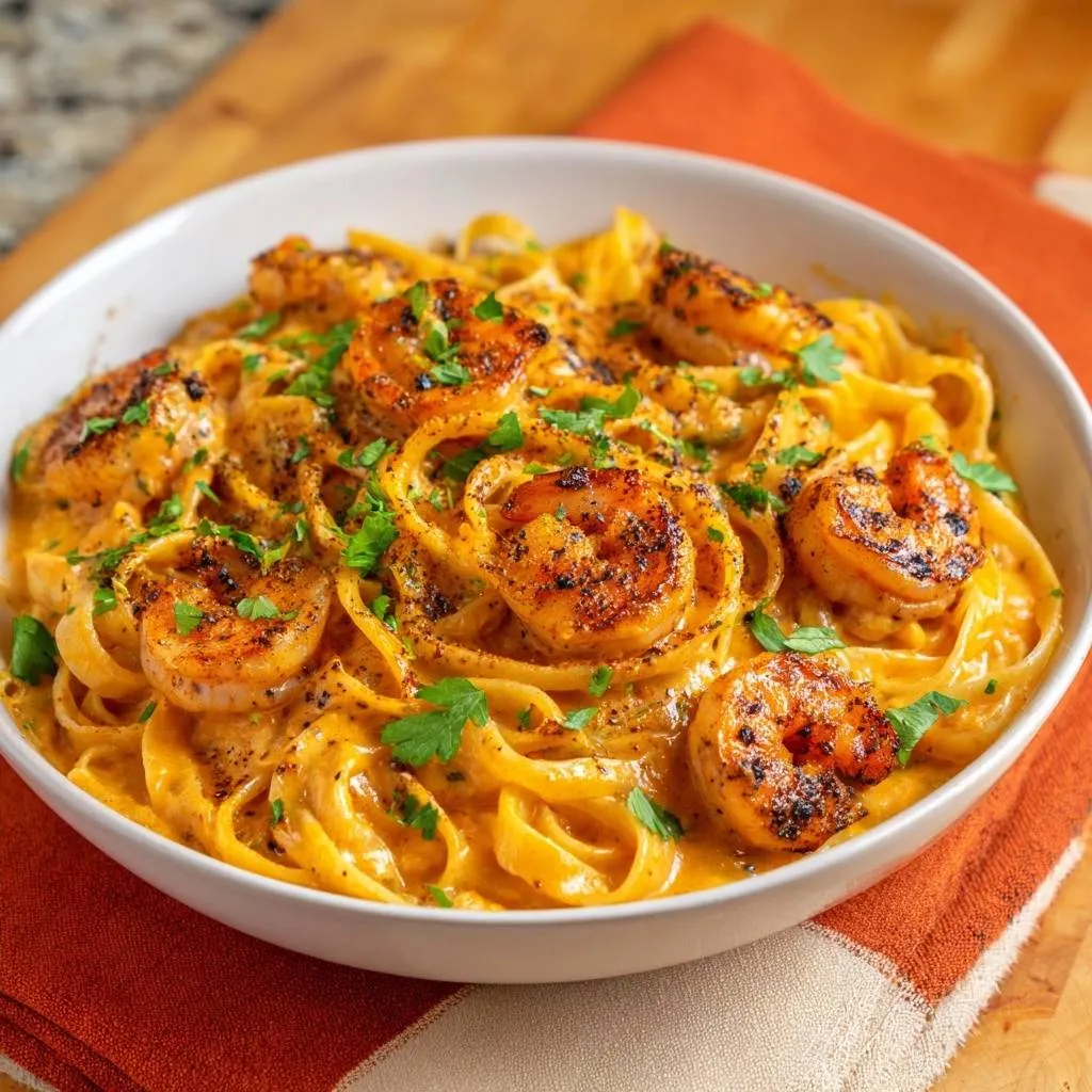 Cajun shrimp fettuccine with a close-up view of the creamy pasta, seasoned shrimp, and fresh parsley garnish.