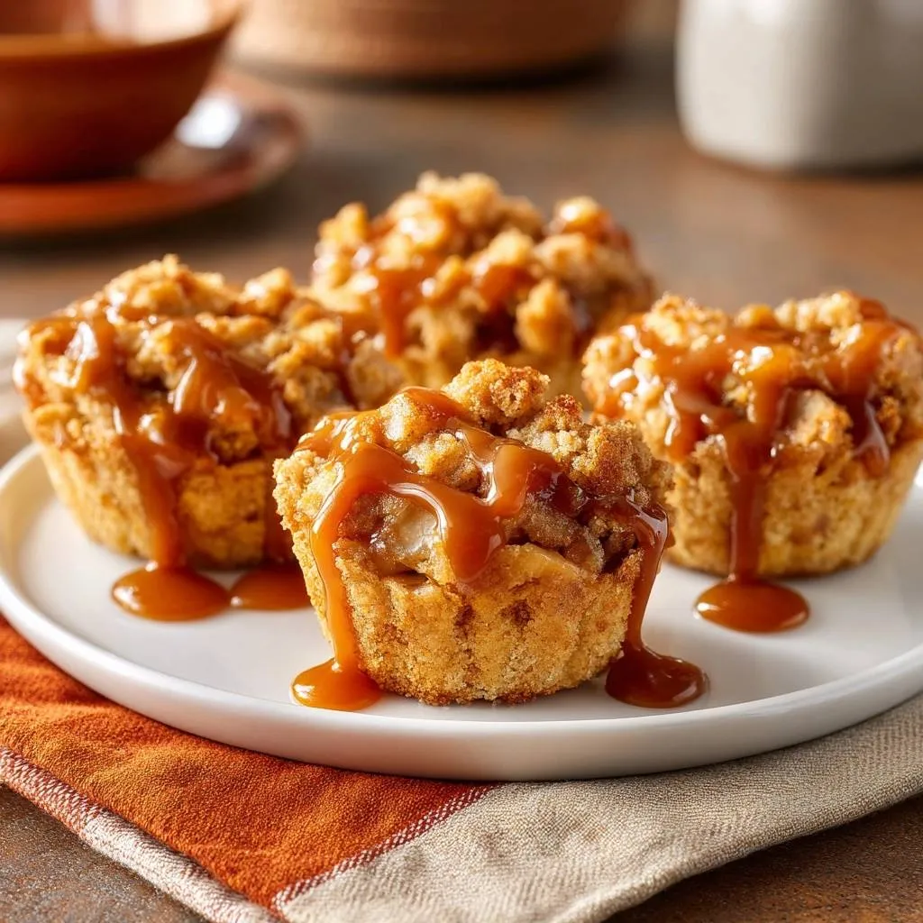 Caramel apple crumb muffins with crunchy streusel, generously drizzled with rich caramel sauce on a white plate.