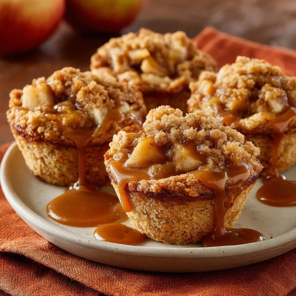 Caramel apple crumb muffins with crunchy streusel, artfully drizzled with rich caramel sauce on a plate.
