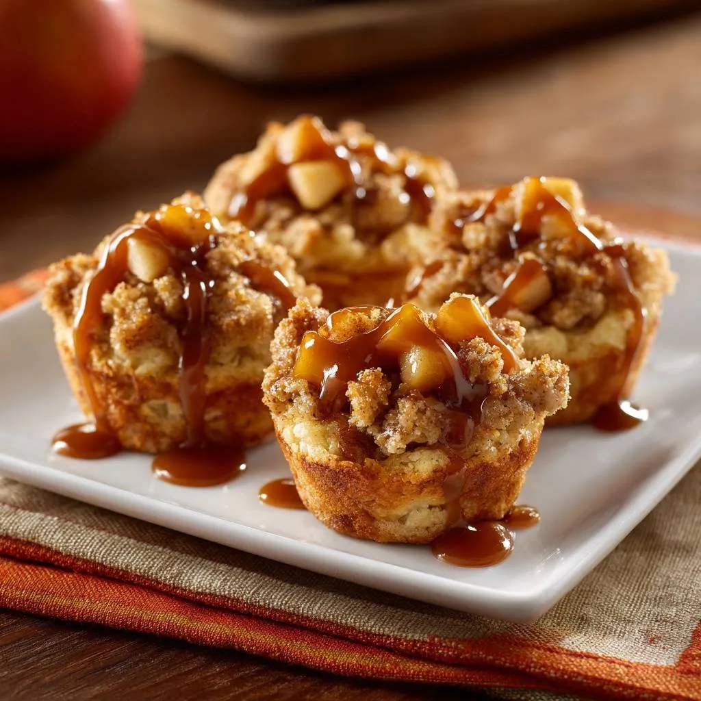 Caramel apple crumb muffins with crunchy streusel, generously drizzled with glossy caramel sauce.