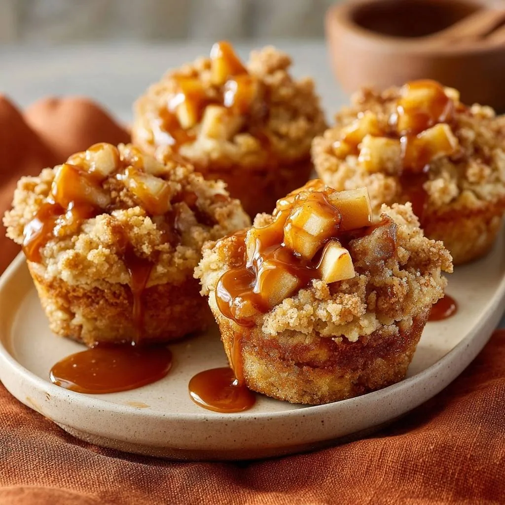 Caramel apple crumb muffins with crunchy streusel are artfully arranged on a plate and generously drizzled with caramel sauce.