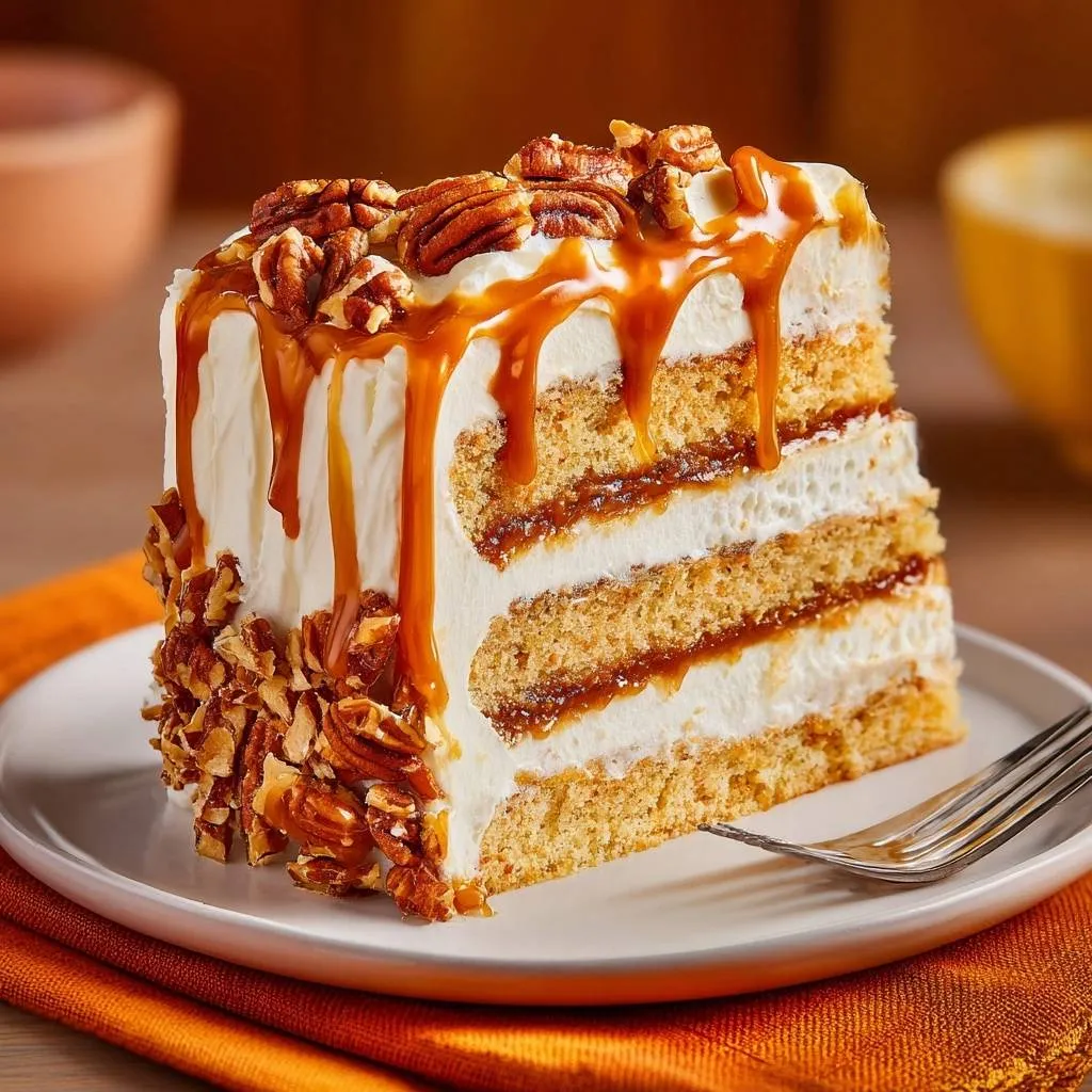 Caramel apple pecan layer cake slice close-up showing moist cake layers, creamy frosting, and caramel drizzle.