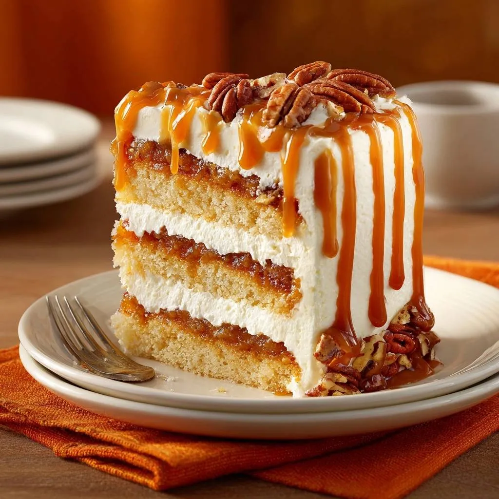 Caramel apple pecan layer cake recipe, a slice with rich caramel drizzle and toasted pecans, showing its layered interior.