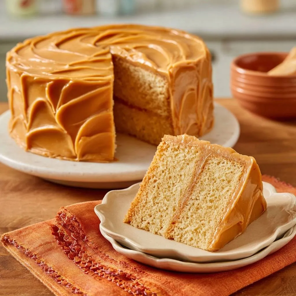 Caramel layer cake with silky smooth frosting, showing a slice with a detailed cross-section of the cake layers and frosting.