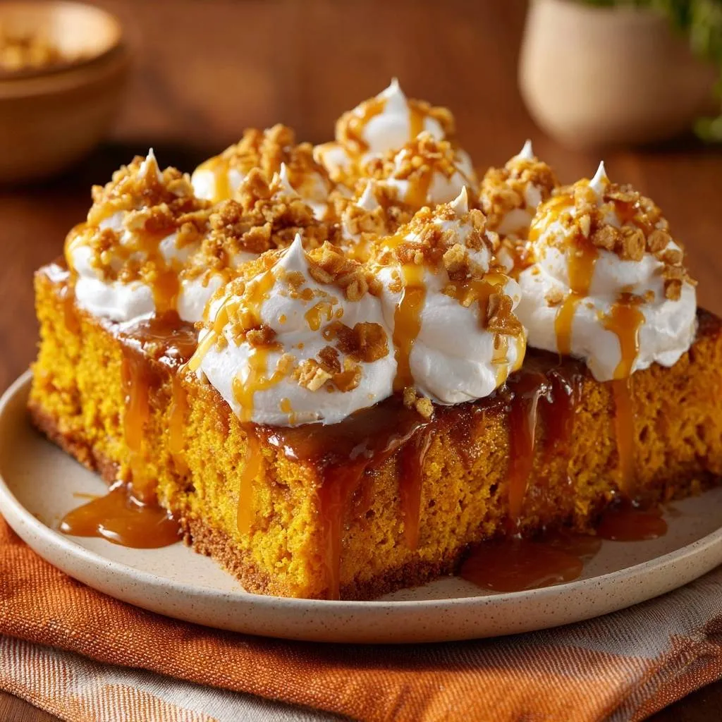 Caramel pecan pumpkin cake topped with whipped cream, caramel drizzle, and crunchy pecan pieces.