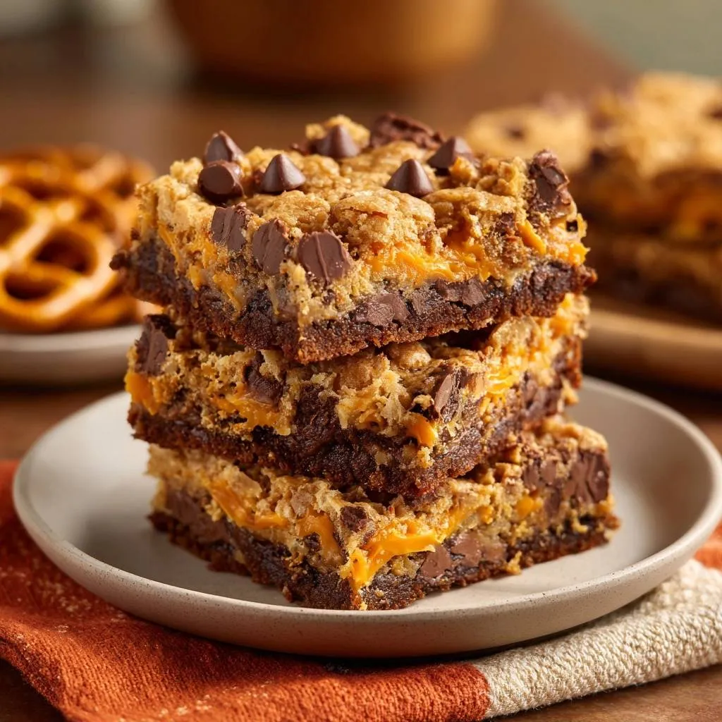 Caramel pretzel oat bars stacked in a close-up view showing the distinct layers and chocolate chips.