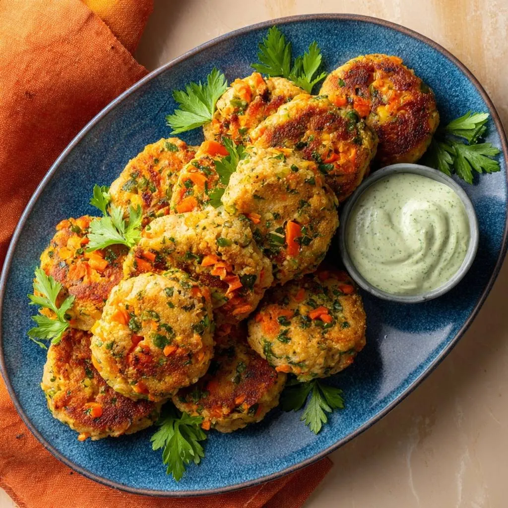 Crispy Carrot Parsley Fritters served on a blue platter with a side of green dipping sauce and garnished with parsley.