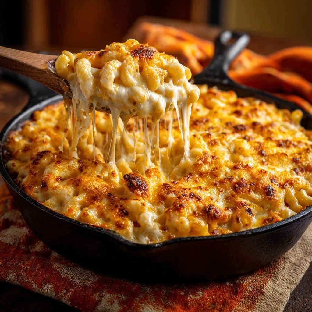Cast iron skillet mac and cheese with a generous gooey cheese pull captured as it's served from the pan.