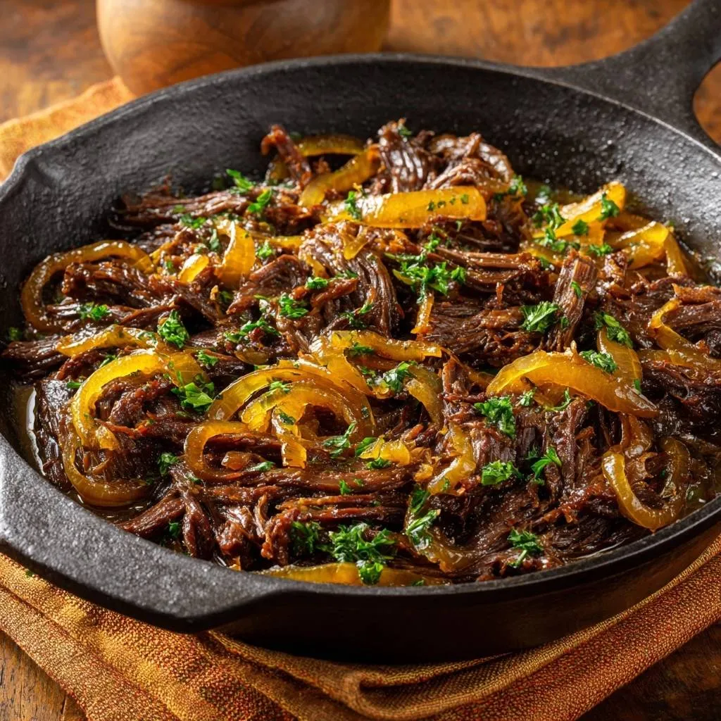 Cast iron shredded beef with caramelized onions served in a black skillet, garnished with fresh parsley.