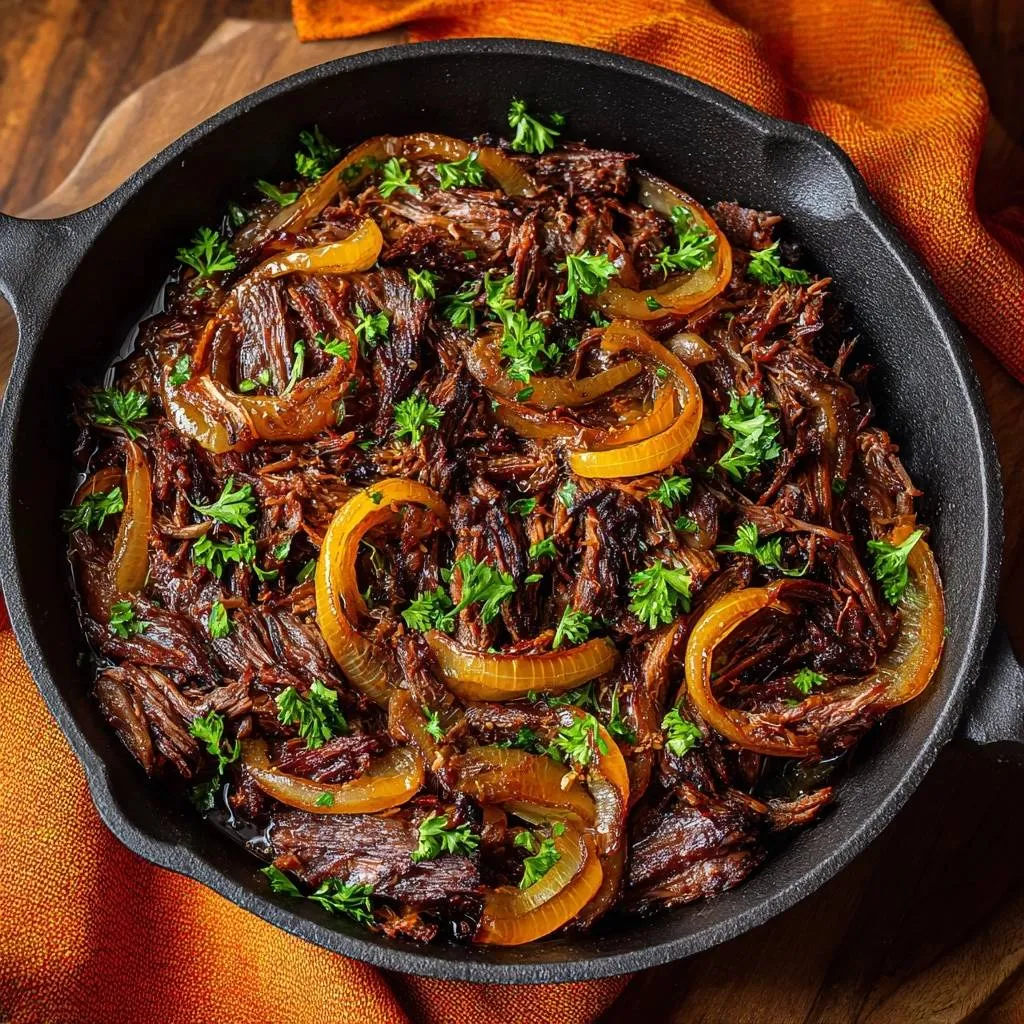 Cast iron shredded beef with caramelized onions served in a skillet, garnished with fresh parsley.