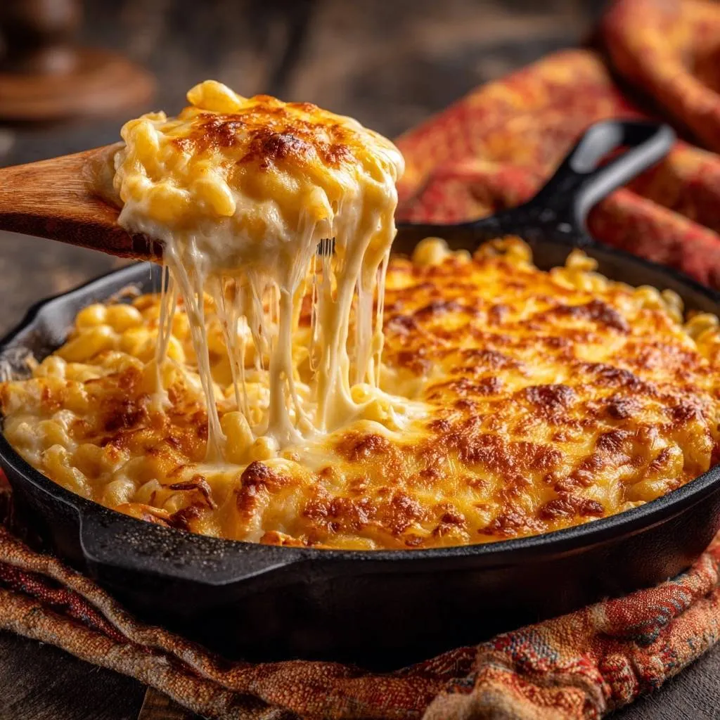 Cast iron skillet mac and cheese with a large cheesy pull being lifted by a wooden spoon.