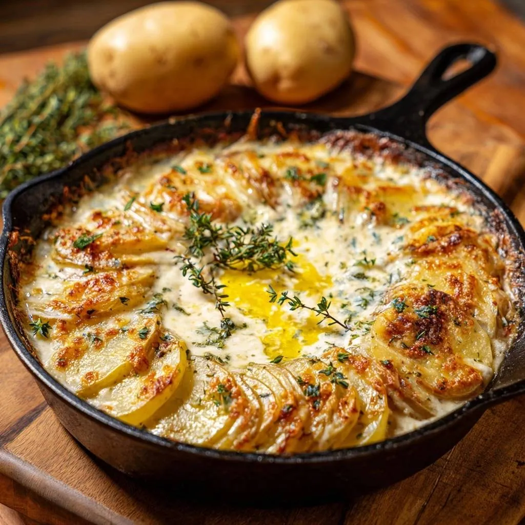 Cast iron skillet potatoes au gratin with fresh thyme garnish and melted cheese in a rustic setting