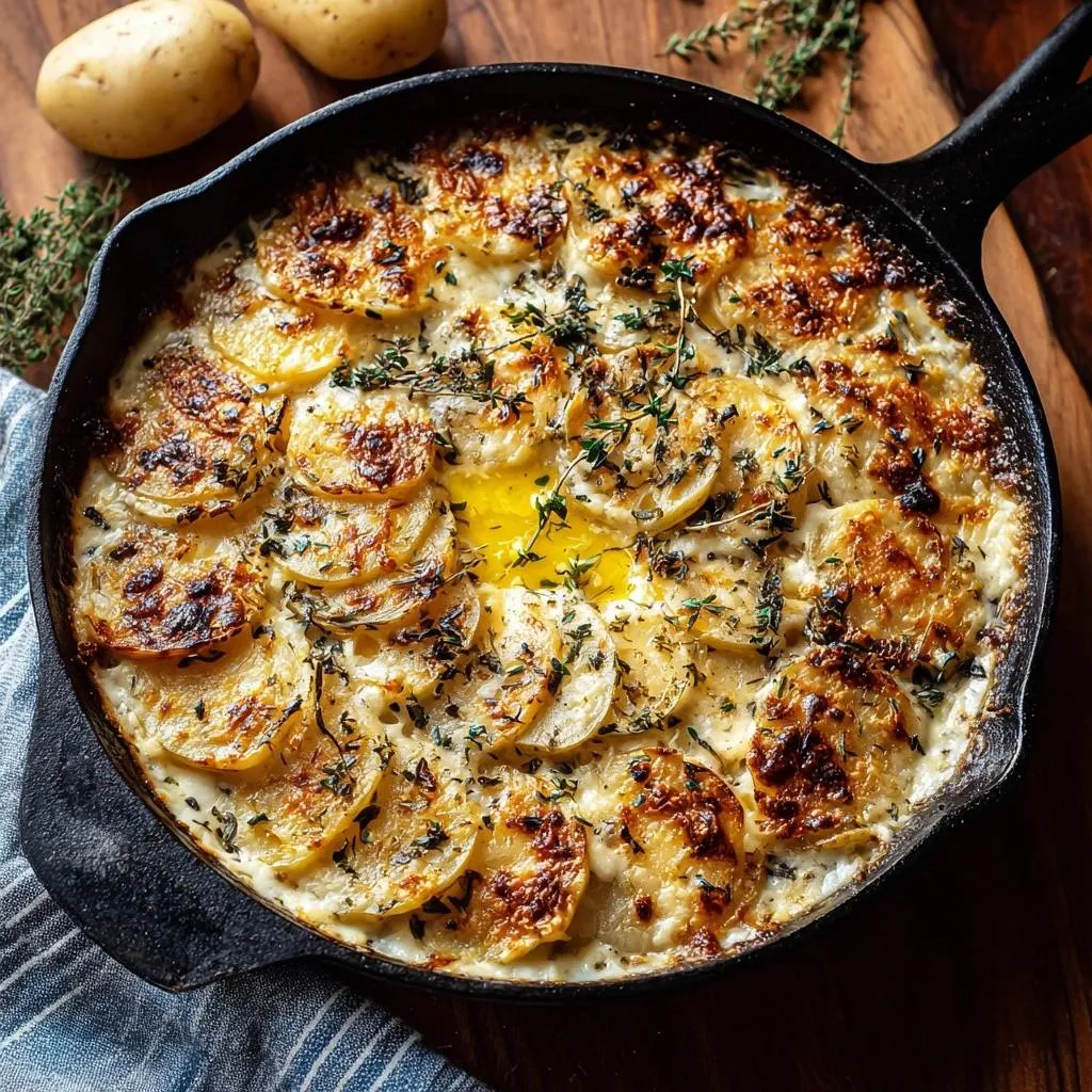 Cast iron skillet potatoes au gratin shown overhead, baked to golden perfection with herbs and bubbling cheese.