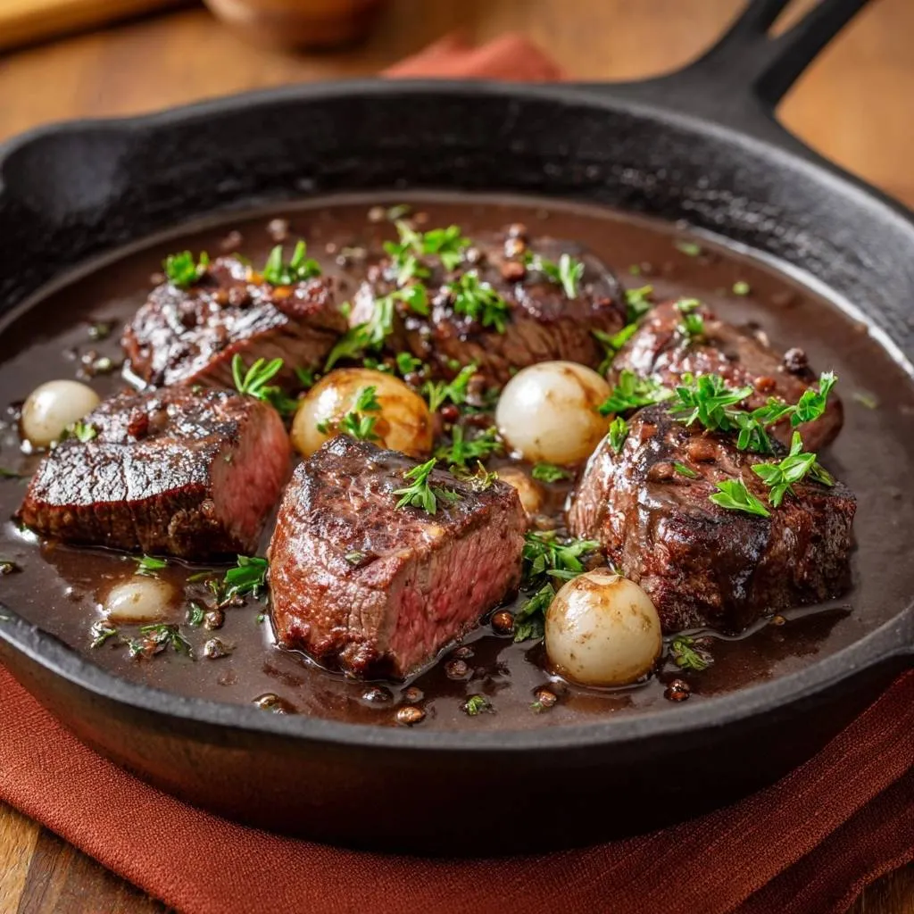 Cast iron steak with pearl onions and thyme, showcasing tender beef medallions in a rich, glossy sauce.