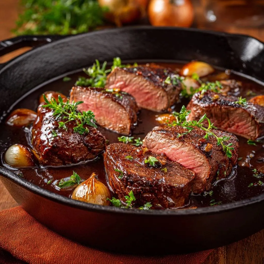 Cast iron steak with pearl onions and thyme, sliced and glistening in a dark cast iron pan with fresh thyme garnish.
