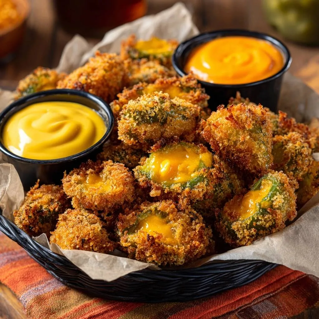 Crispy cheddar jalapeño poppers with a close-up view revealing the melted cheese interior.
