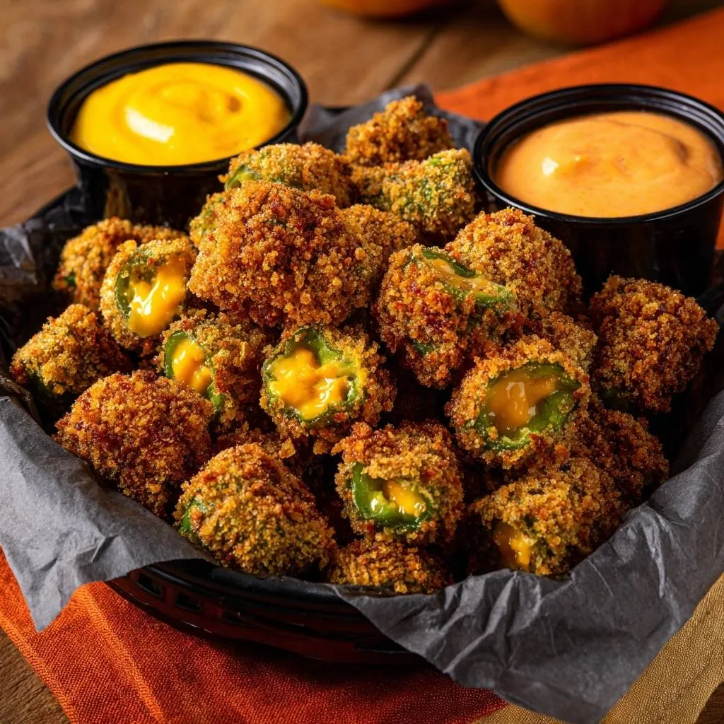 Crispy Cheddar Jalapeño Poppers showing a cross-section revealing melted cheese filling inside the breaded pepper.
