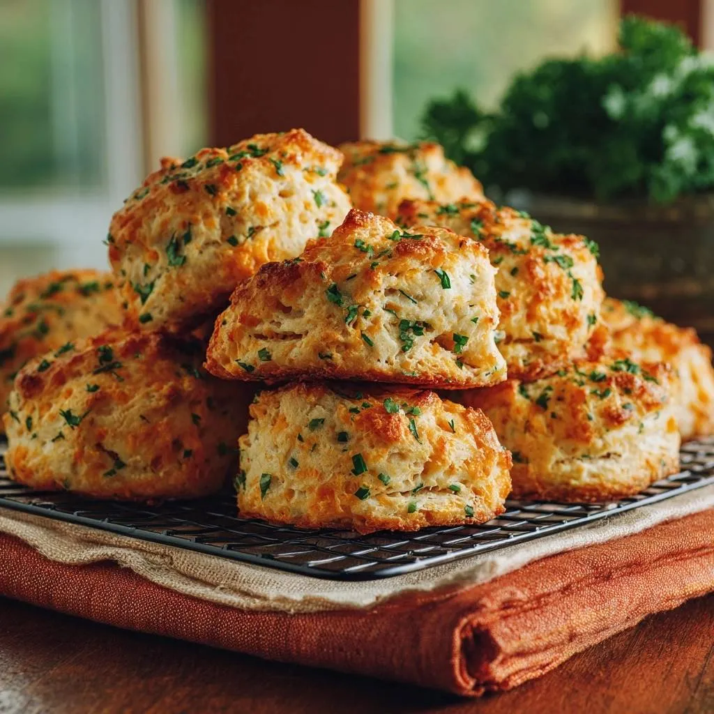 Cheddar parsley biscuits cooling on a wire rack, showcasing their golden-brown tops and fluffy texture.