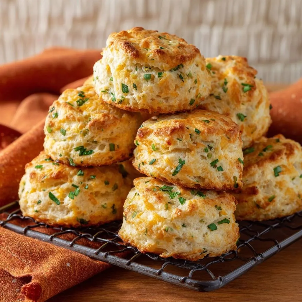 Cheddar parsley biscuits stacked on a cooling rack, showcasing their flaky rise and golden-brown tops.