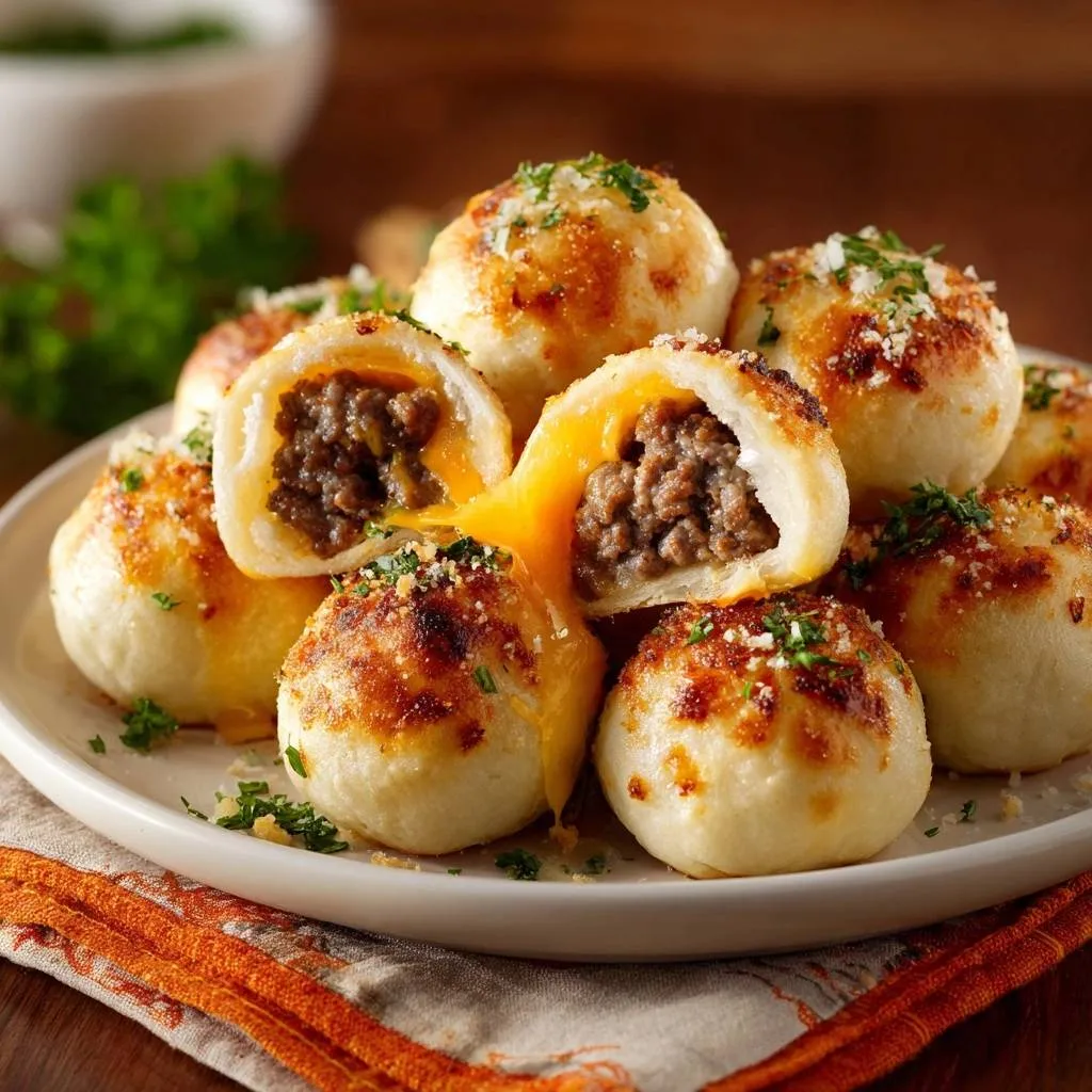 Gooey Cheeseburger Bombs with Leak-Proof Seals shown in a close-up cross-section, revealing melted cheese oozing out.
