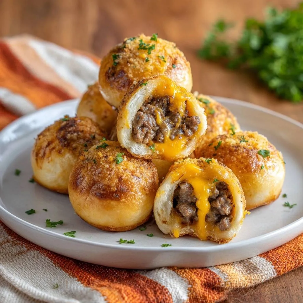Gooey Cheeseburger Bombs with Leak-Proof Seals shown in a close-up cross-section revealing melted cheese and seasoned ground beef.