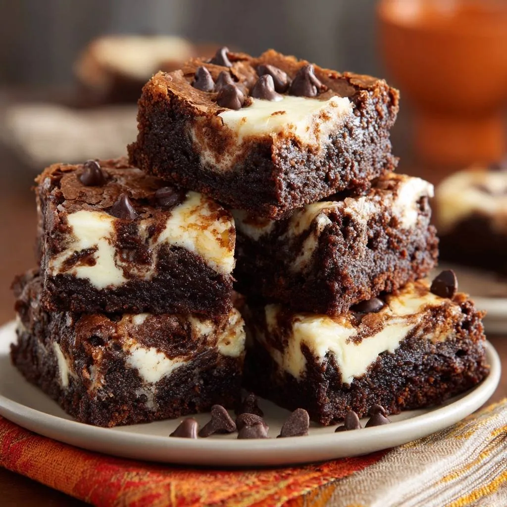 Cheesecake swirl brownies with flawless texture stacked on a plate with chocolate chips scattered around.