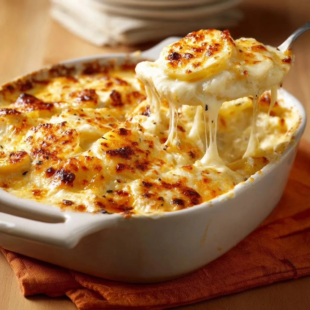 Cheesy au gratin potatoes with a serving spoon lifting a portion showing melted cheese strings.