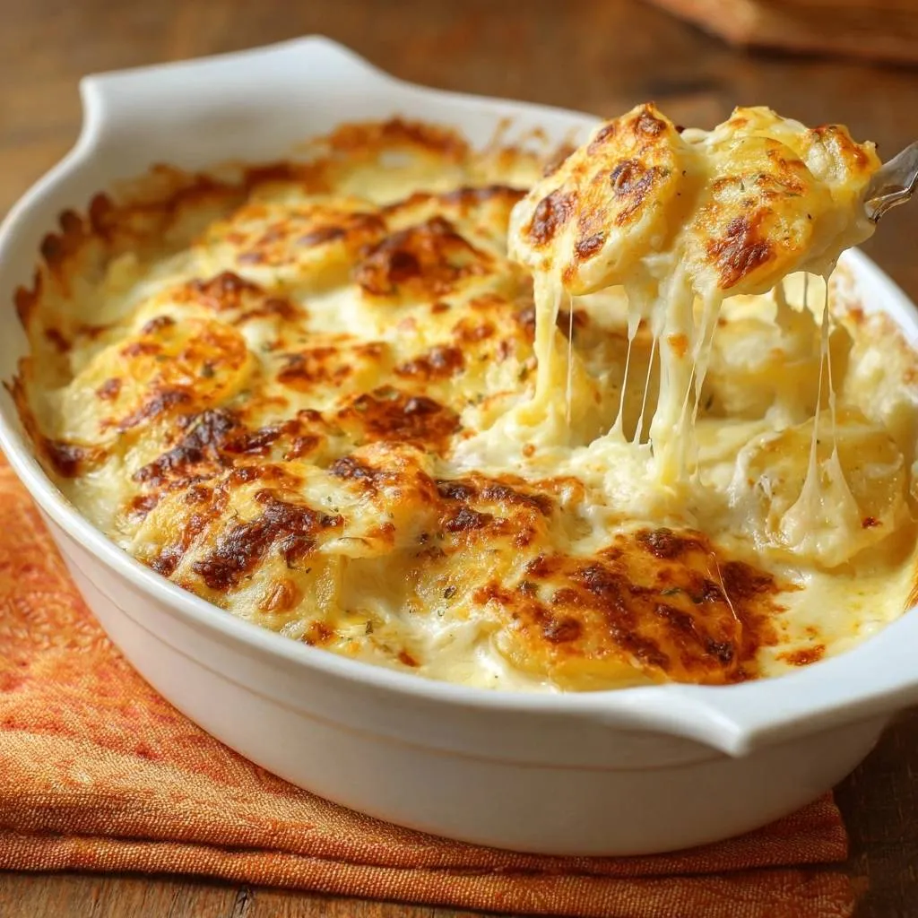 Cheesy au gratin potatoes showing a dramatic cheesy pull from a serving fork, baked in a white dish.