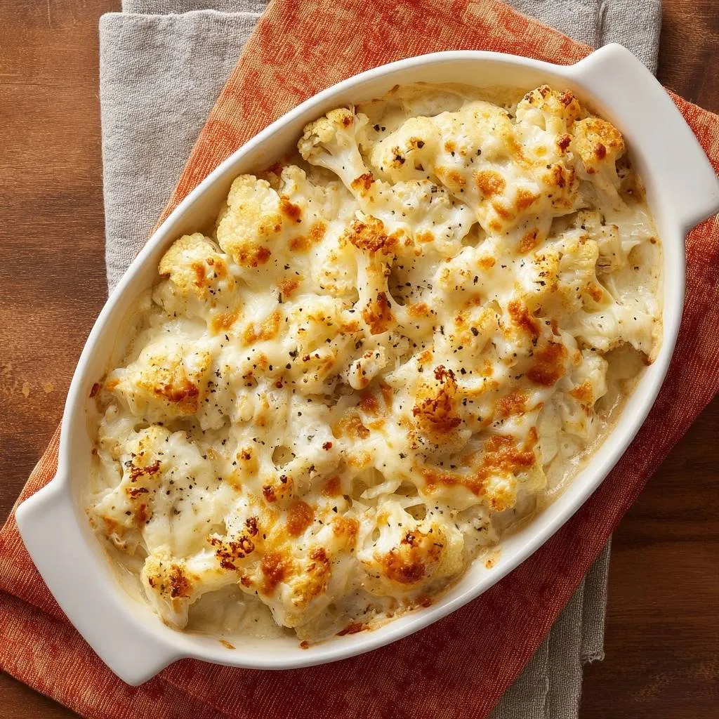 Cheesy baked cauliflower with a golden, bubbly cheese topping sprinkled with black pepper.