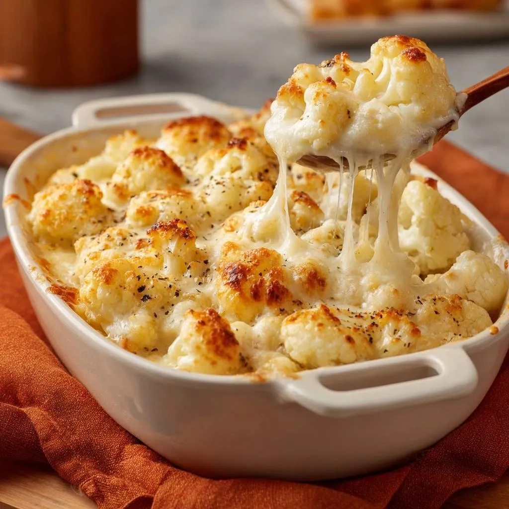 Cheesy baked cauliflower with crispy florets and a gooey cheese pull captured in a close-up shot.