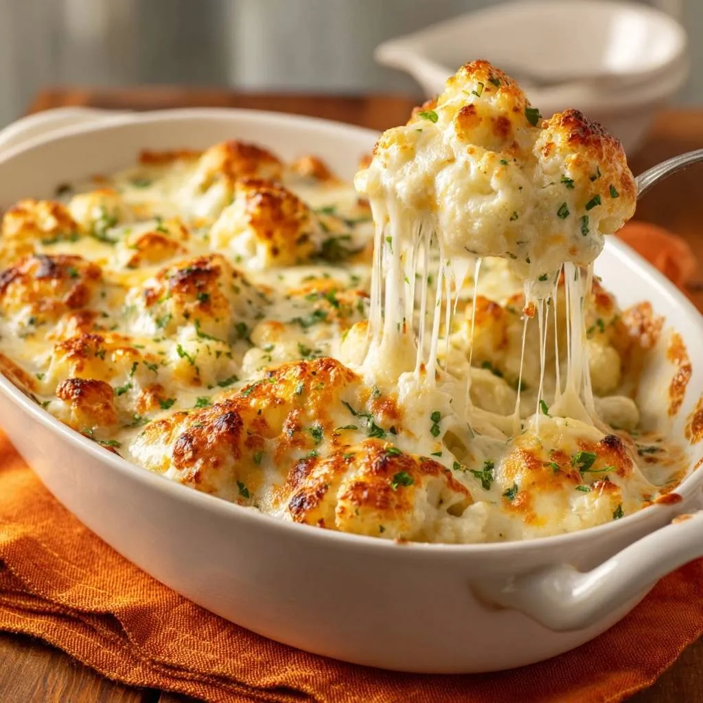 Cheesy baked cauliflower with a close-up showing the gooey cheese pull from a serving spoon.