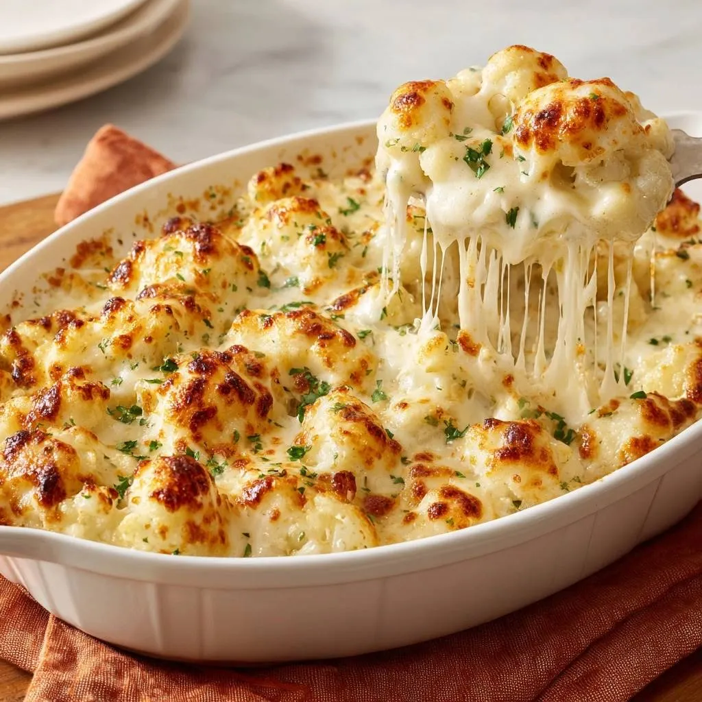 Cheesy baked cauliflower with long strings of melted cheese being pulled from a serving spoon.