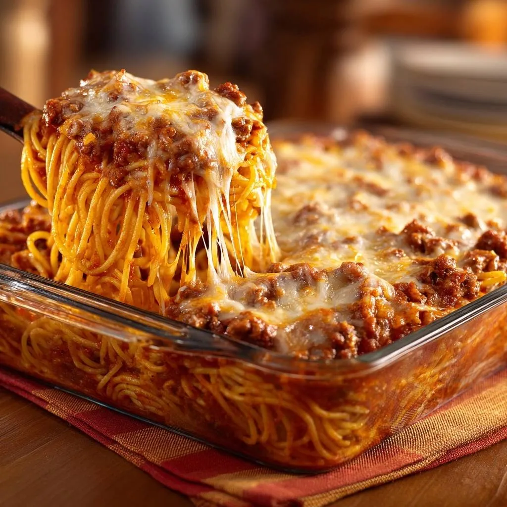 Cheesy baked spaghetti with a generous cheese pull as a serving is lifted from the baking dish.