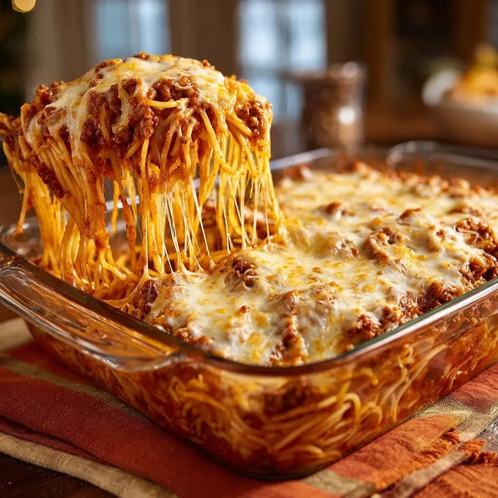 Cheesy baked spaghetti with a gooey cheese pull being lifted from the casserole dish, showcasing perfection.