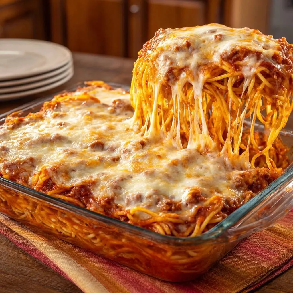 Cheesy baked spaghetti featuring a gooey cheese pull as a serving is lifted from the pan.