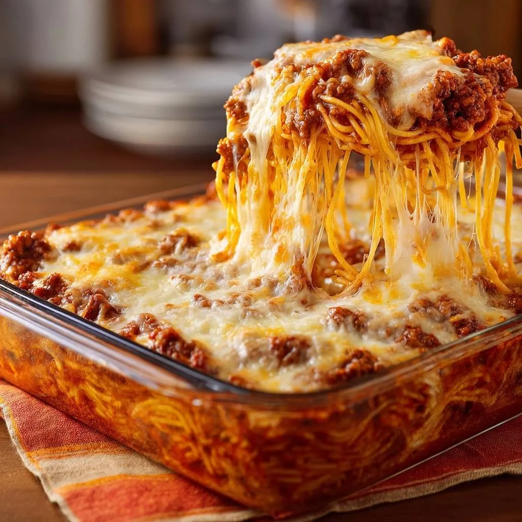 Cheesy baked spaghetti with a gooey cheese pull, showcasing its rich meat sauce and perfectly cooked pasta.
