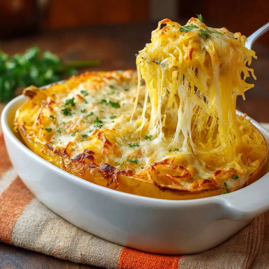 Cheesy baked spaghetti squash, with a fork lifting strands of melted cheese in a dramatic cheese pull.
