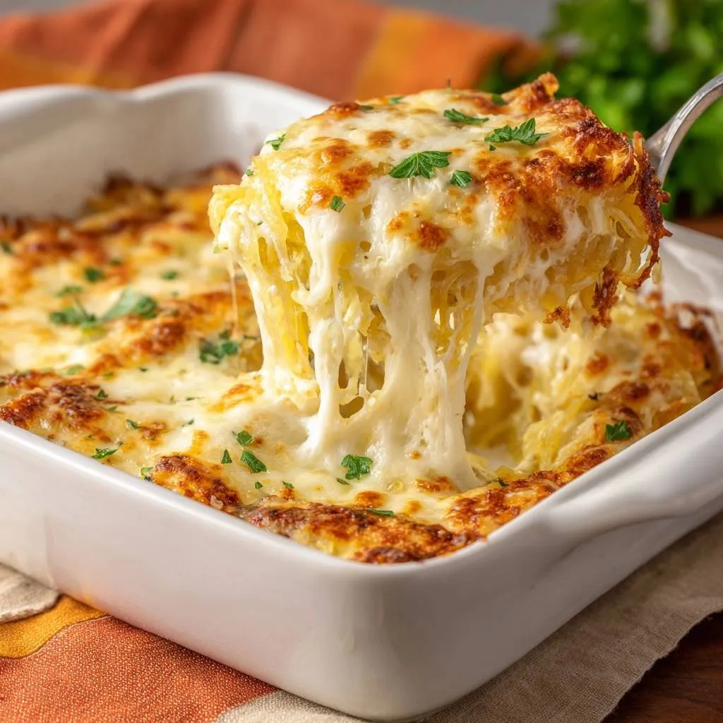 Cheesy baked spaghetti squash with a gooey cheese pull being served from a white baking dish.