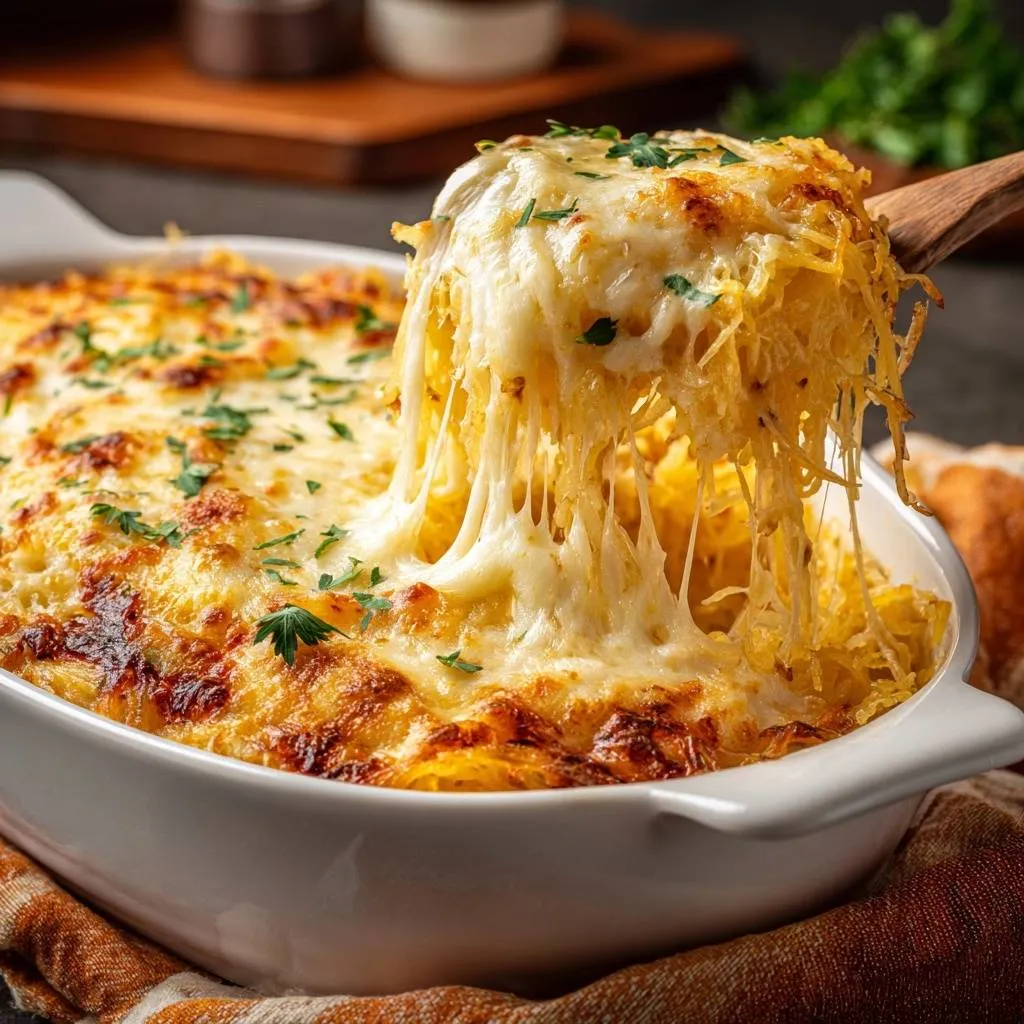 Cheesy baked spaghetti squash with strands of melted cheese being pulled out on a wooden spoon.