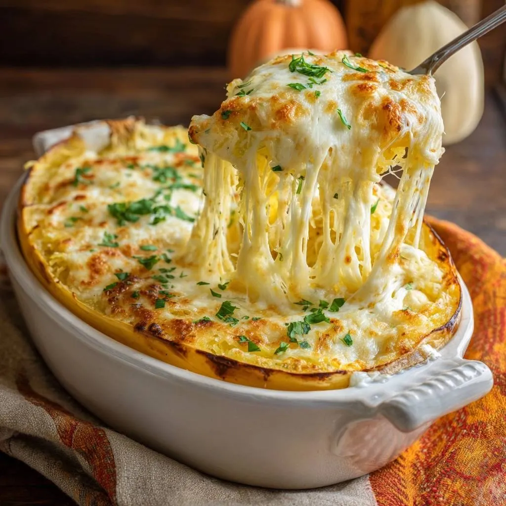 Cheesy baked spaghetti squash with a dramatic melty cheese pull, garnished with fresh parsley.