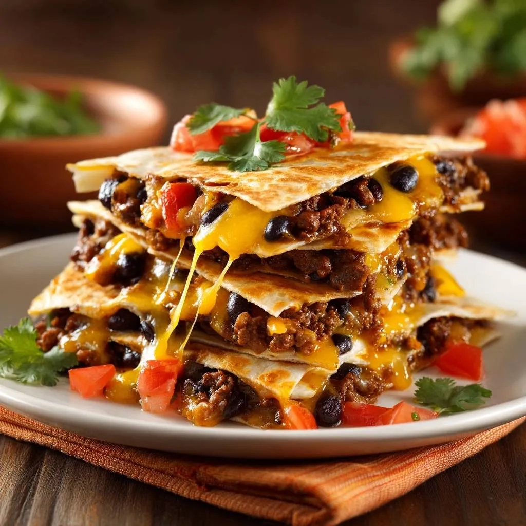 Cheesy beef black bean quesadillas with crispy tortillas stacked high, showcasing melted cheese and fresh toppings.