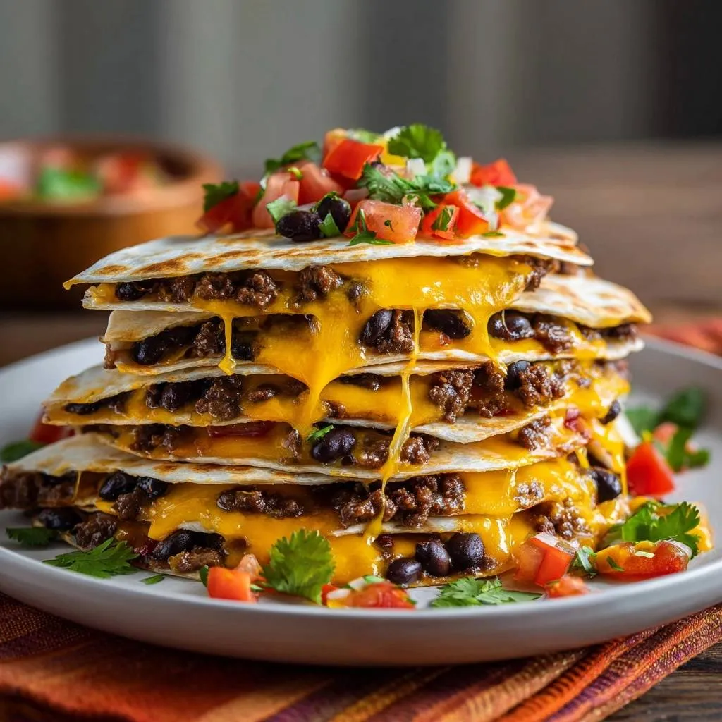 Cheesy beef black bean quesadillas stacked high, showcasing gooey melted cheese oozing down the sides.