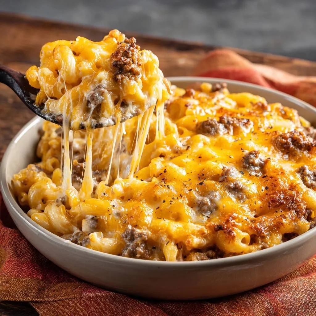 Cheesy beef mac and cheese with a spoonful showing a long cheese pull, a comforting pasta bake.